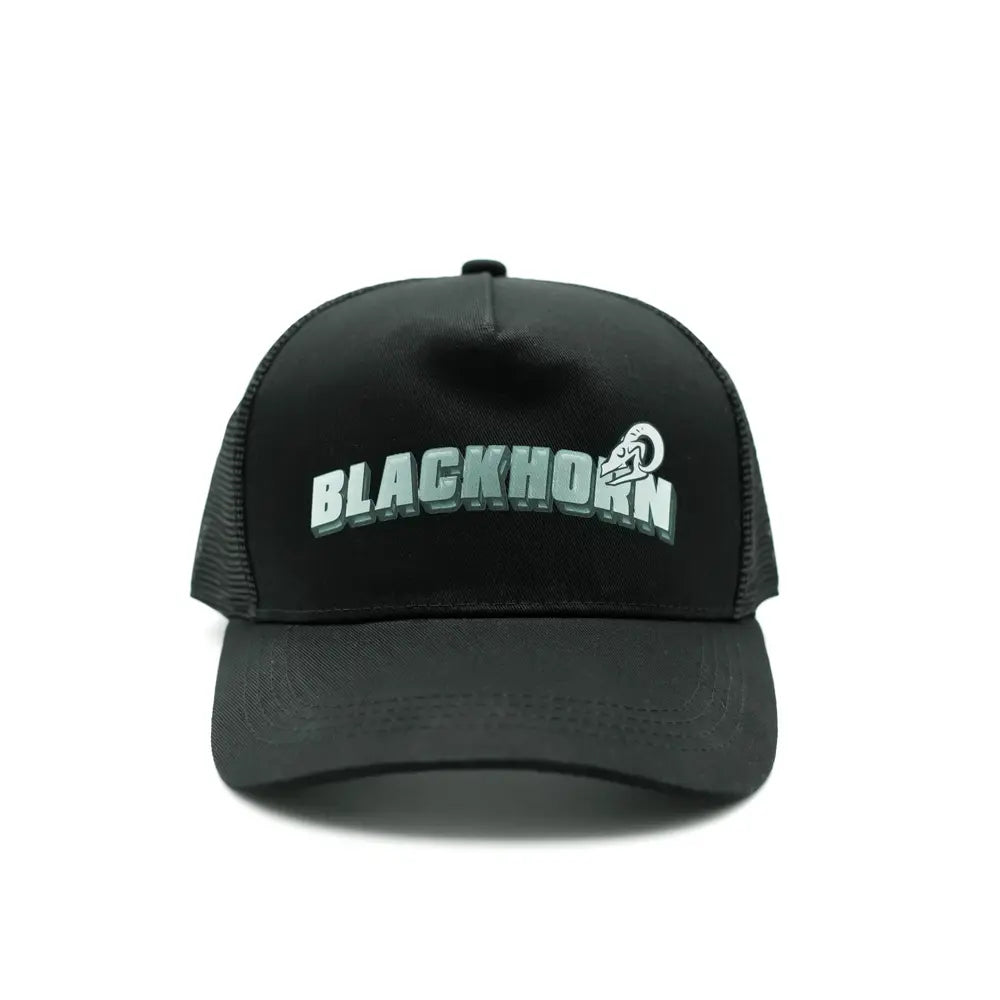 Front view of the Blackhorn Offroad Polymark Trucker Hat with raised acrylic BLACKHORN logo and skull graphic