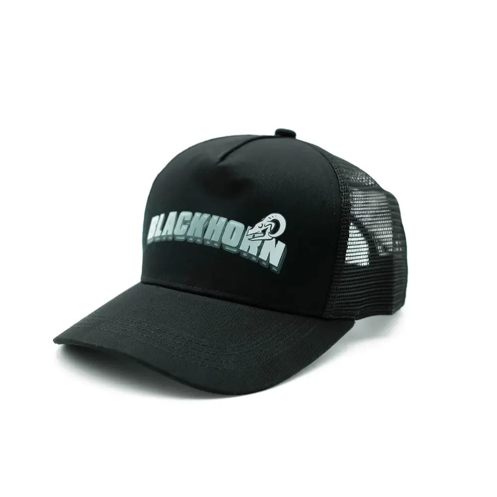 Angled front-side view of the Blackhorn Offroad Polymark Trucker Hat showcasing 3D logo design and mesh panels