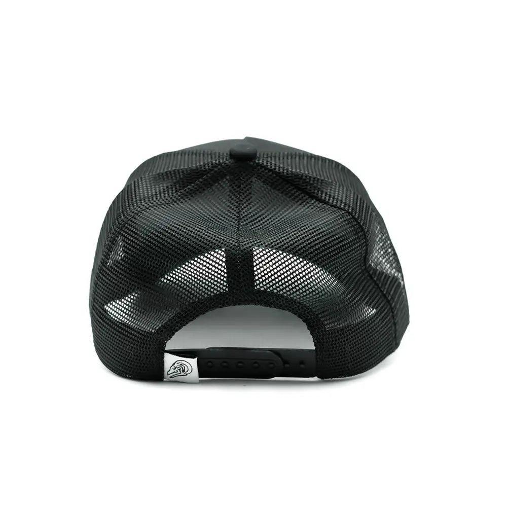 Rear view of the Blackhorn Offroad Polymark Trucker Hat featuring breathable mesh and adjustable snapback
