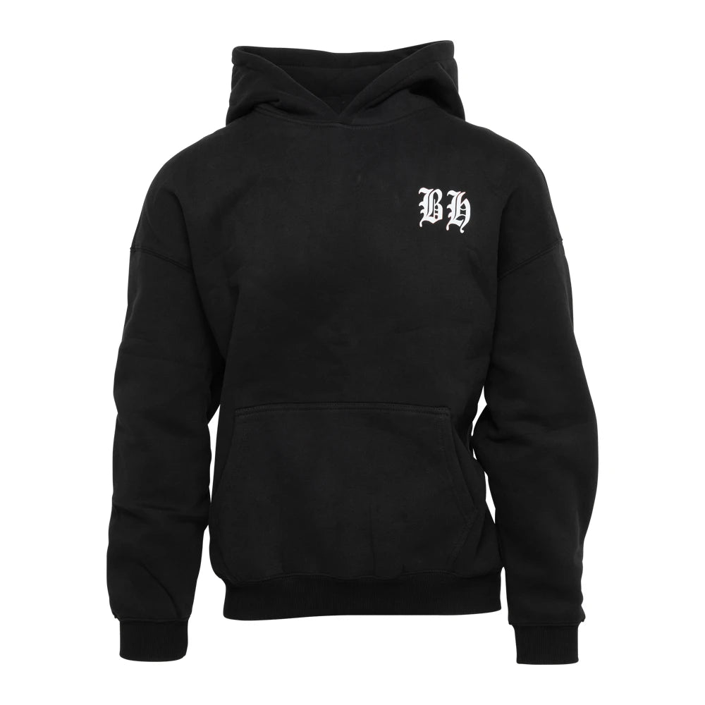 Front view of BLACKLETTER Hoodie with gothic “BH” print on chest and boxy oversized silhouette.