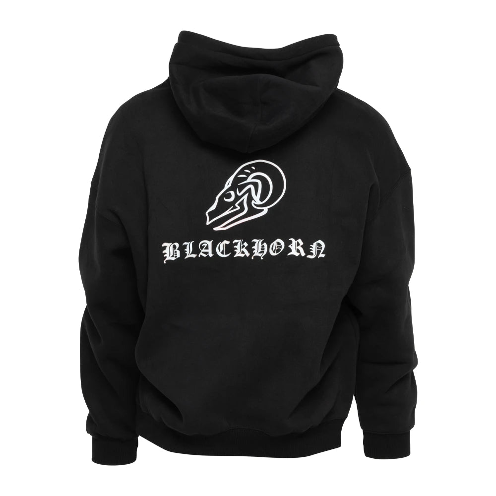 Back view of BLACKLETTER Hoodie featuring Blackhorn Skull and cloister-style “BLACKHORN” logo with burnt detailing.