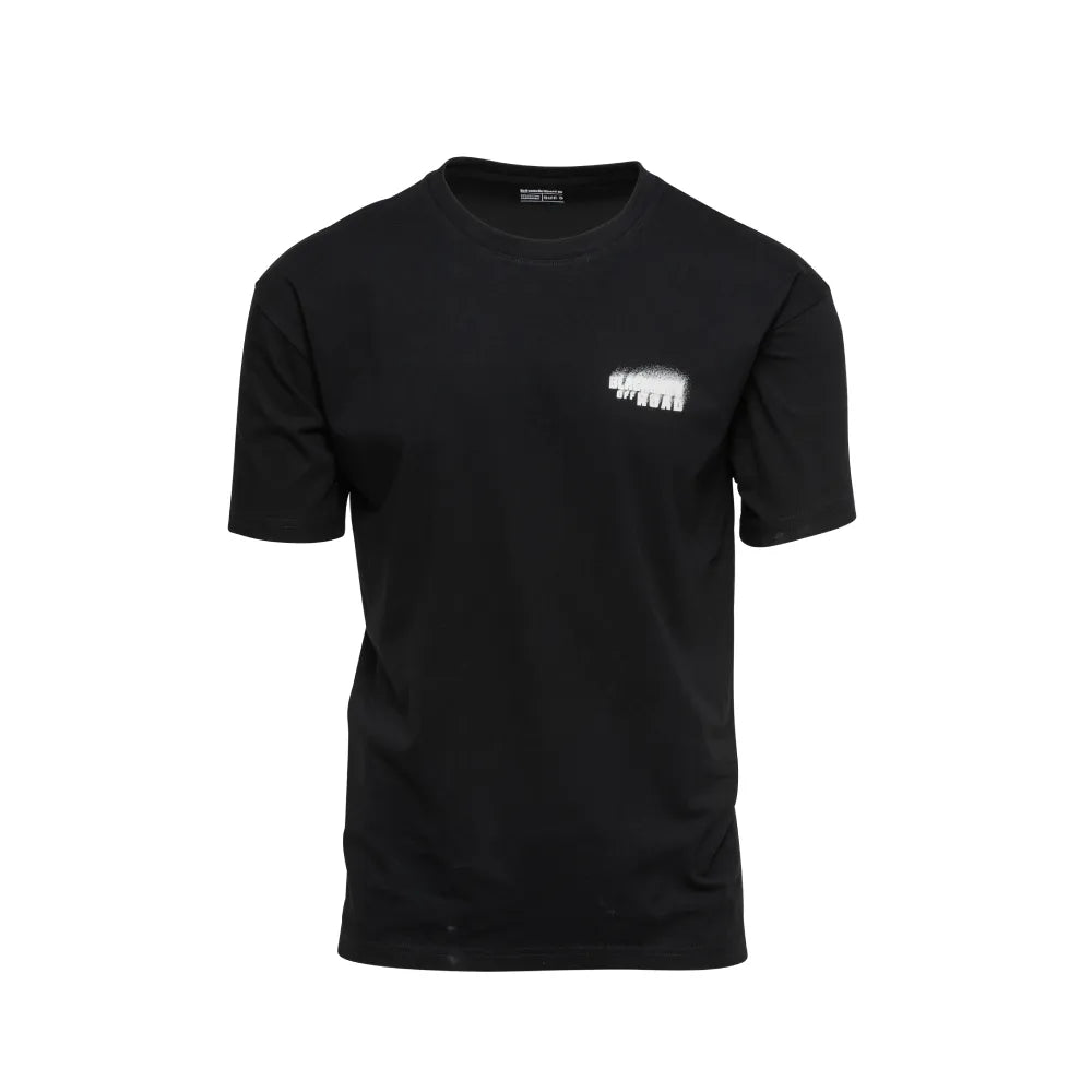 Front view of Pavement Ends T-Shirt in Black with minimalist spray-fade chest logo.