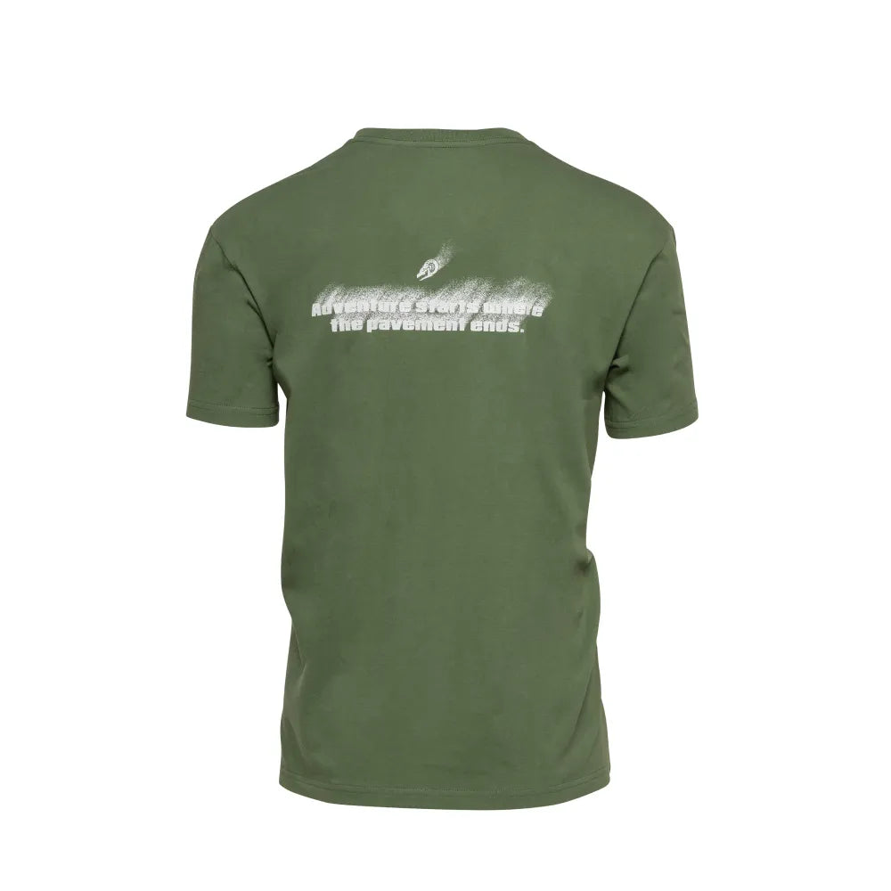 Rear view of Olive Green Pavement Ends T-Shirt, displaying faded off-road slogan print.