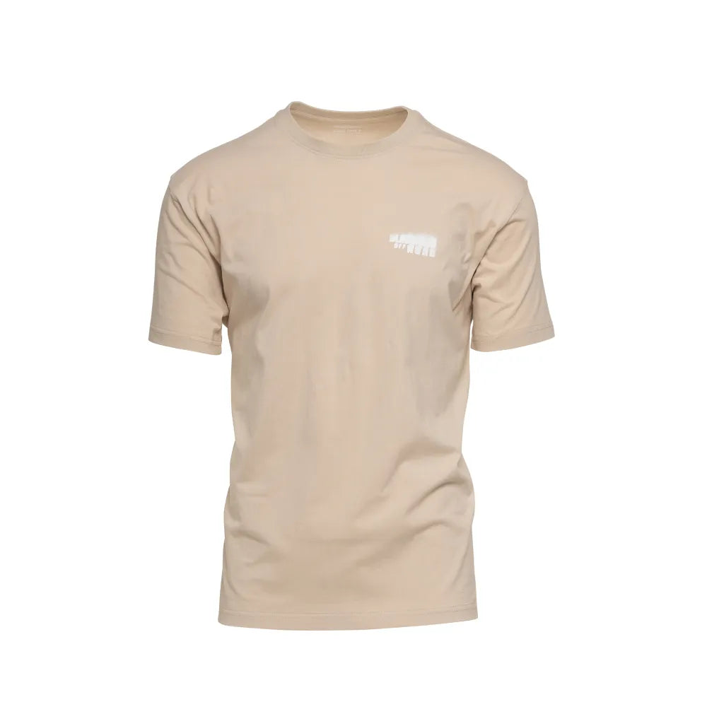 Front view of Blackhorn Offroad Pavement Ends T-Shirt in Tan, featuring chest spray-fade logo print.