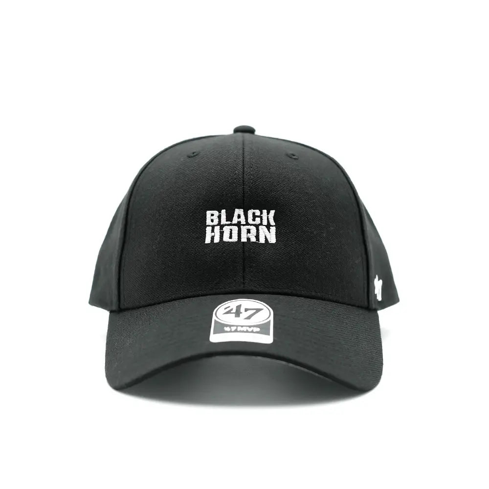 Front view of the Blackhorn MVP hat with embroidered BLACKHORN logo on structured black crown.