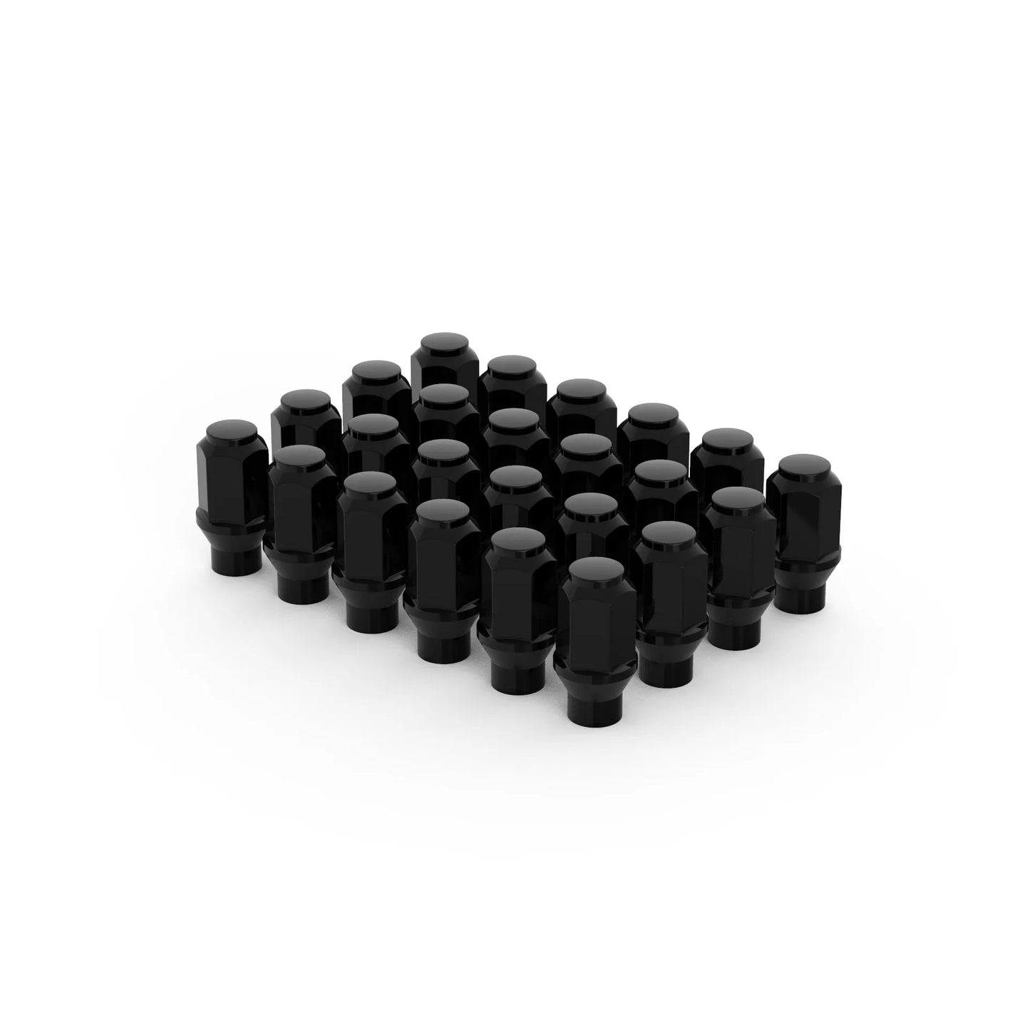 Angled front view of Blackhorn’s Closed-End ET Lug Nut Kit in black zinc finish, featuring 24 extended-thread lug nuts with closed tops arranged in rows on a white background.