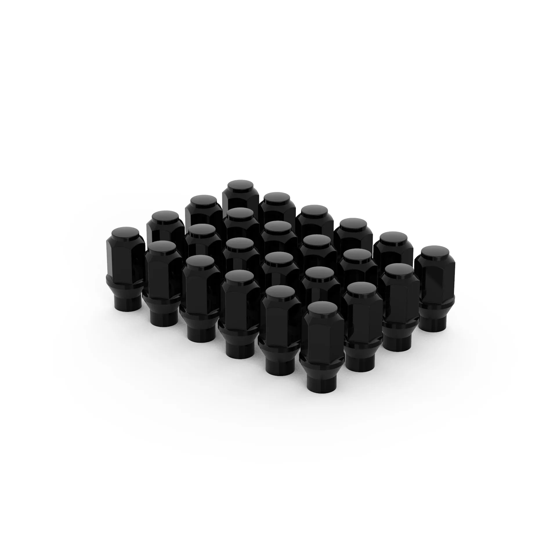 Angled front view of Blackhorn’s Closed-End ET Lug Nut Kit in black zinc finish, featuring 24 extended-thread lug nuts with closed tops arranged in rows on a white background.