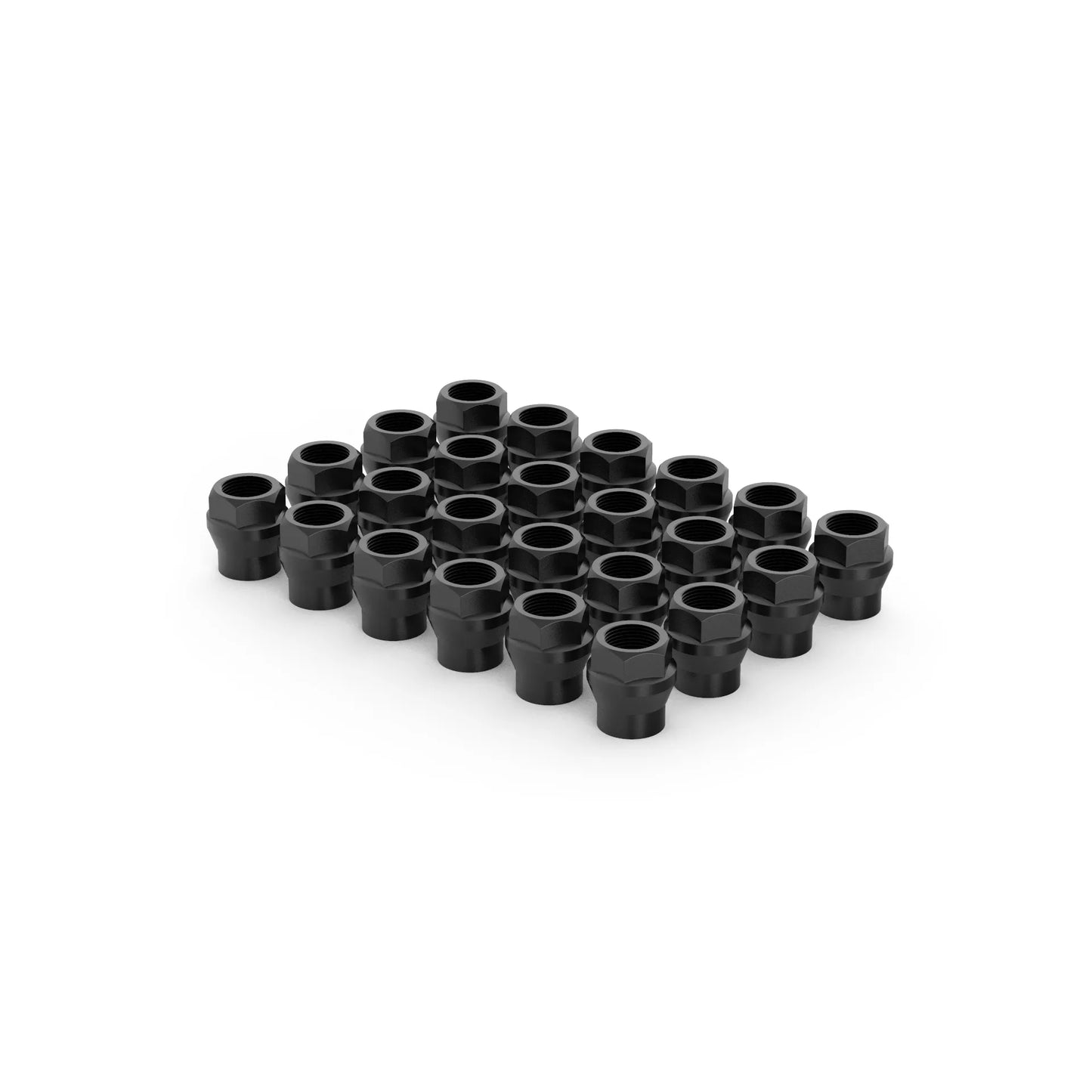 Top angled view of Blackhorn’s Open-End ET Lug Nut Kit in black zinc finish, showing 24 open-top extended-thread lug nuts arranged in a clean grid layout.
