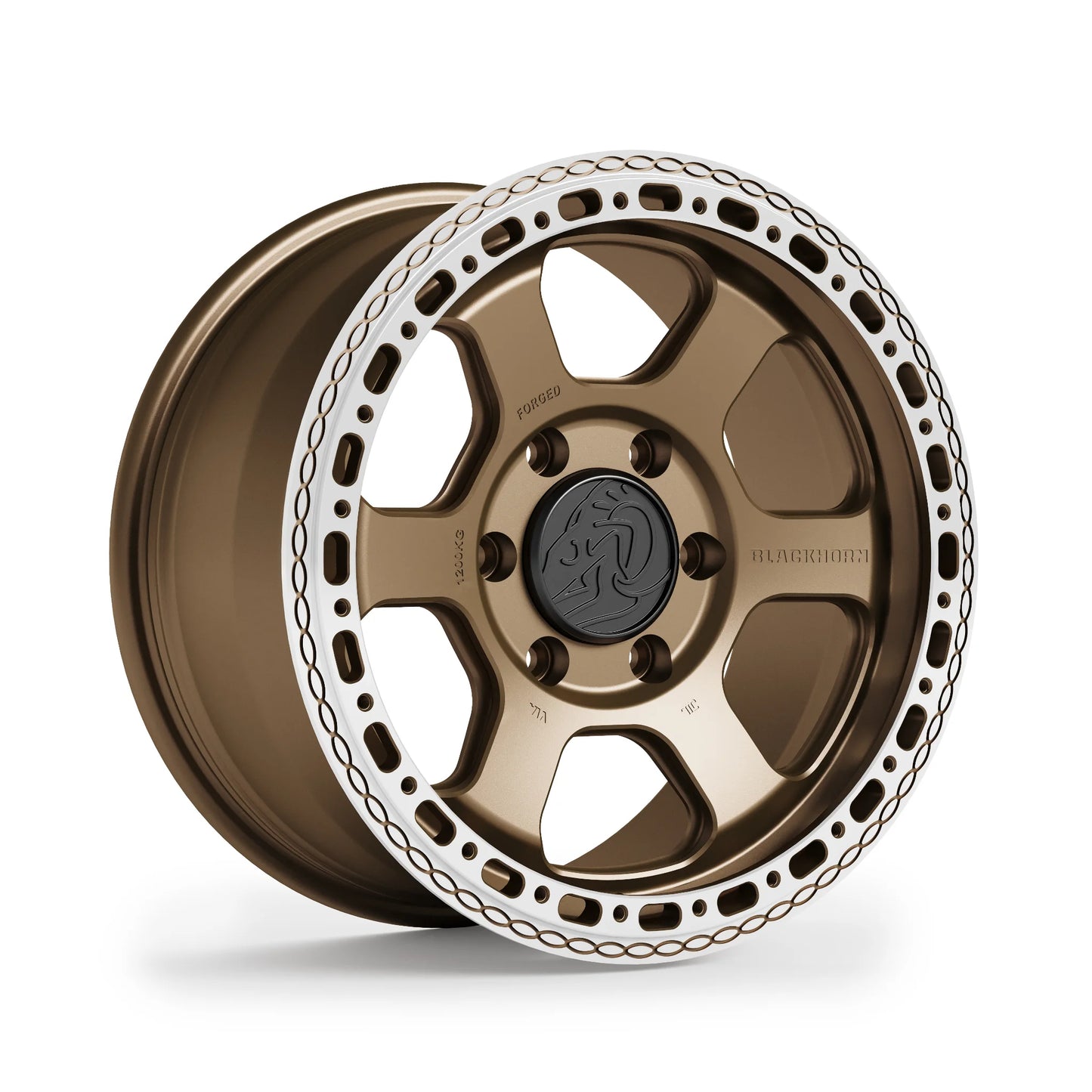 Blackhorn Offroad AR6 MBF 17x8.0 forged beadlock wheel corner view finished in Satin Bronze Coyote