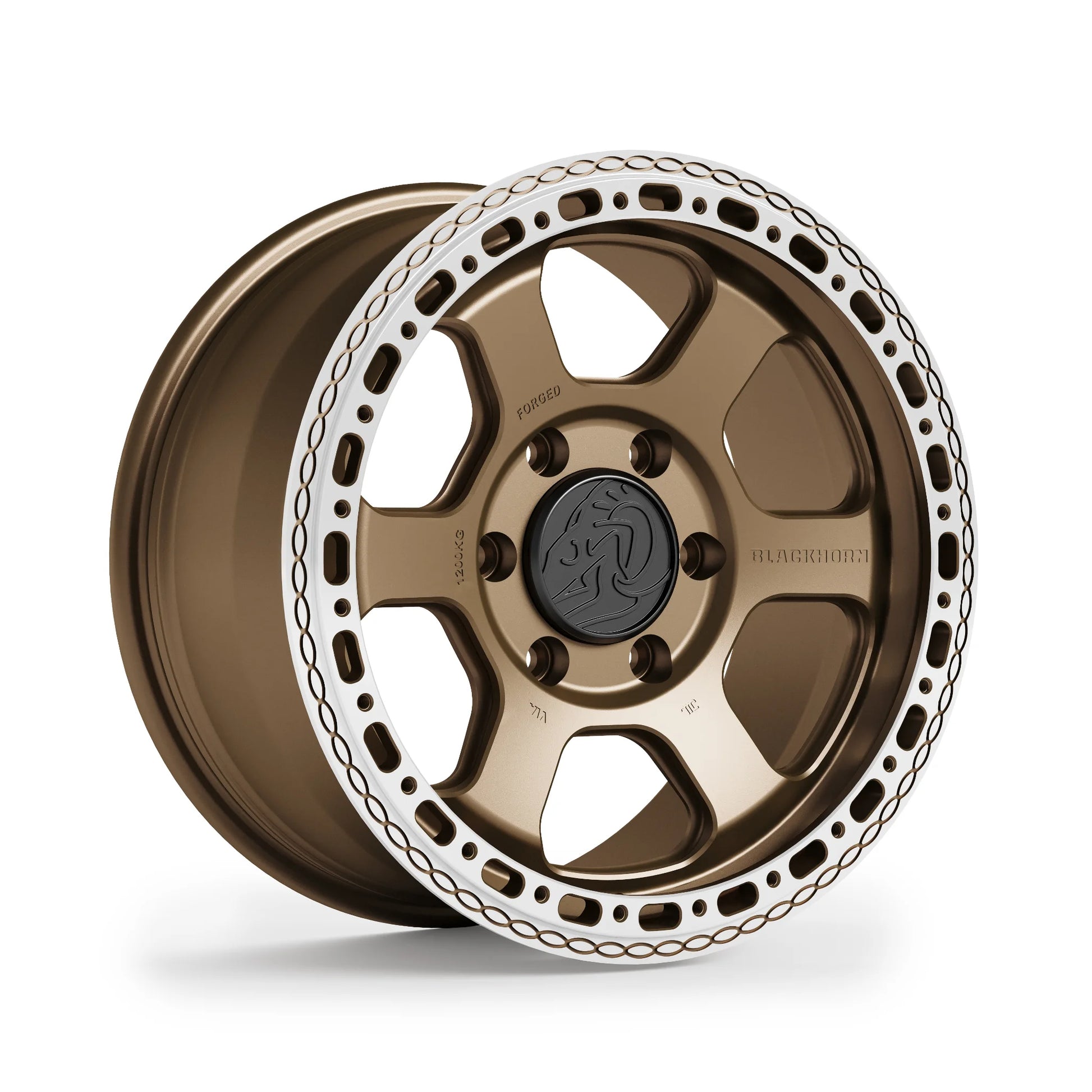Blackhorn Offroad AR6 MBF 17x8.0 forged beadlock wheel corner view finished in Satin Bronze Coyote