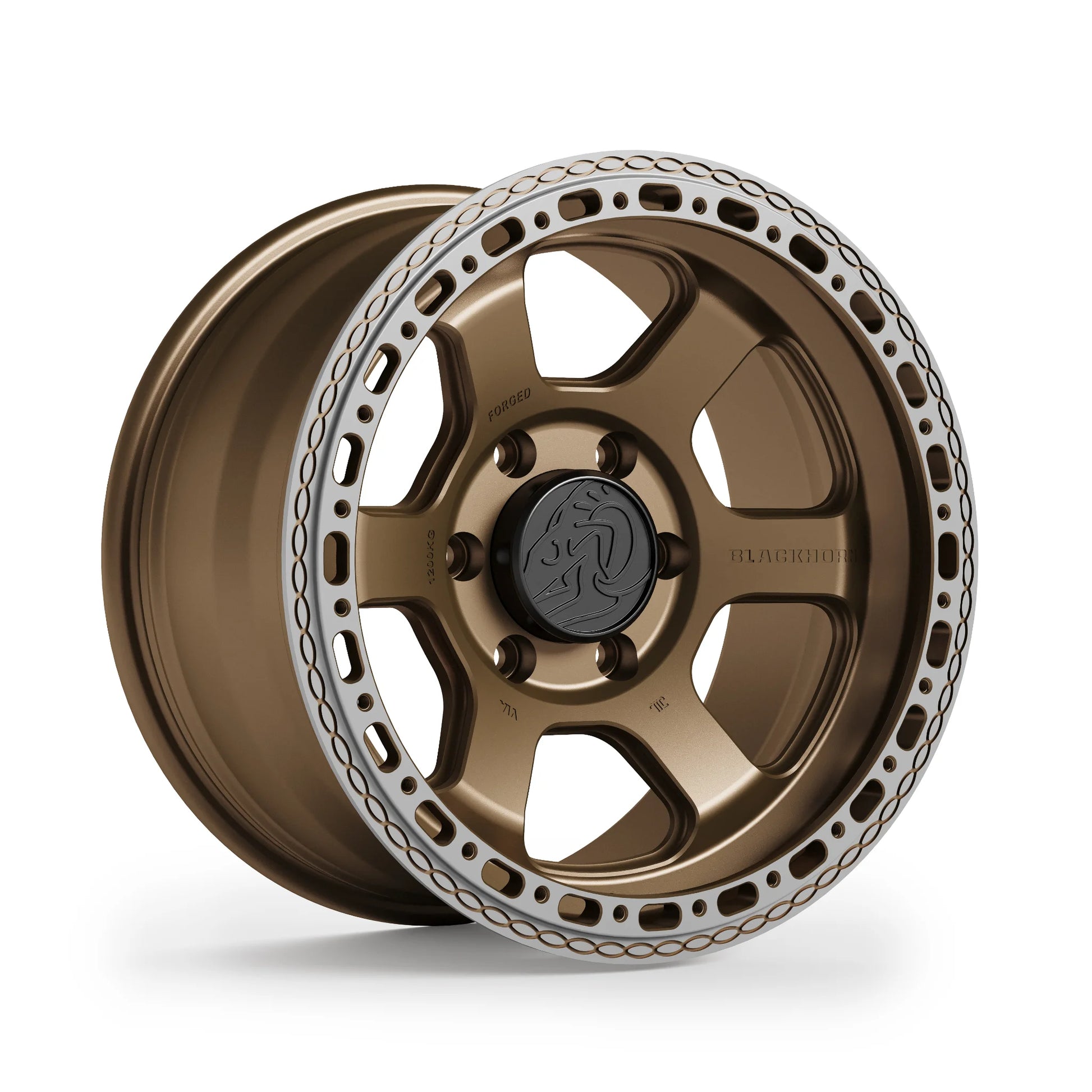 Corner perspective Blackhorn Offroad AR6 MBF 17x9.0 forged beadlock wheel in Satin Bronze Coyote finish