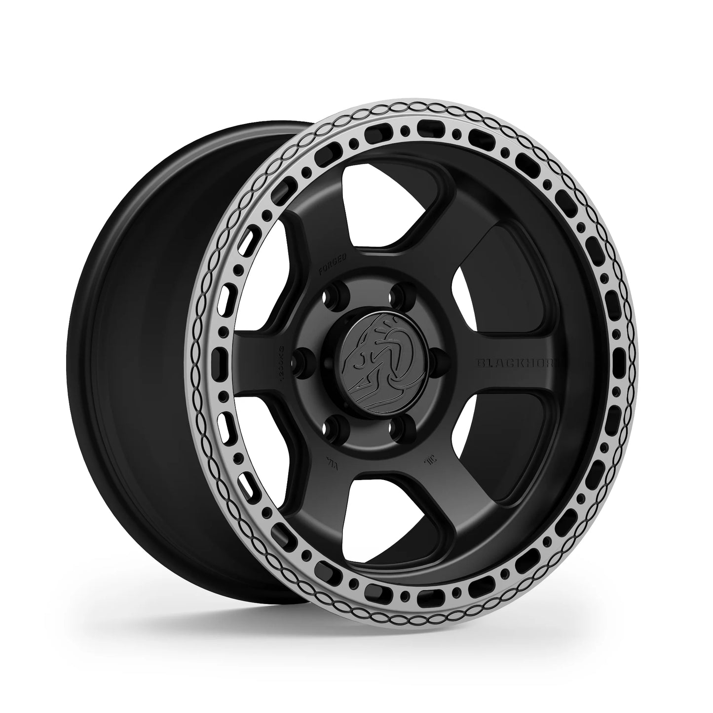 Blackhorn Offroad AR6 MBF forged beadlock wheel 17x9.0 shown at corner angle in Matt Black Obsidian finish