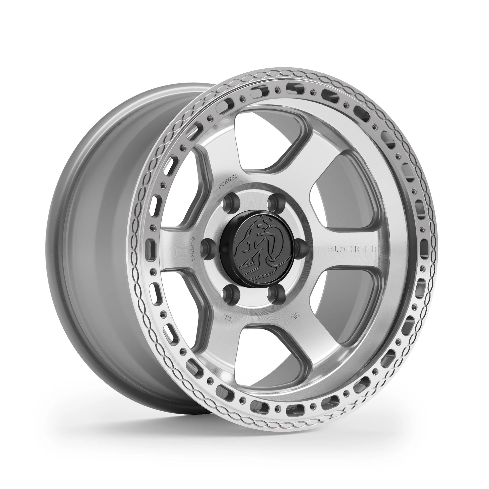 Blackhorn Offroad AR6 MBF 17x9.0 forged beadlock wheel angled viewed Machined Clear Prism finish