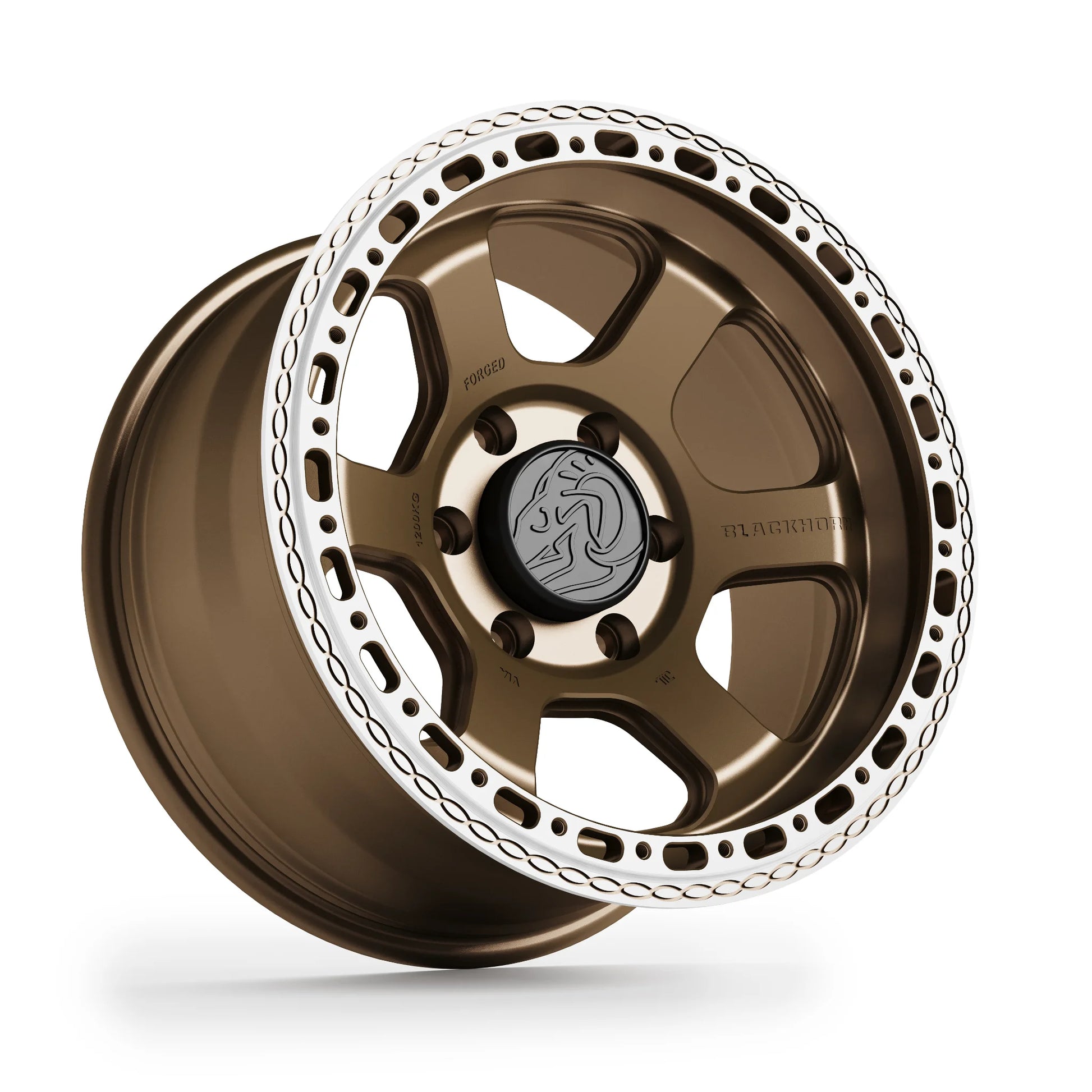 Hero shot of Blackhorn Offroad AR6 MBF forged beadlock wheel 17x9.0 presented in Coyote finish Satin Bronze color