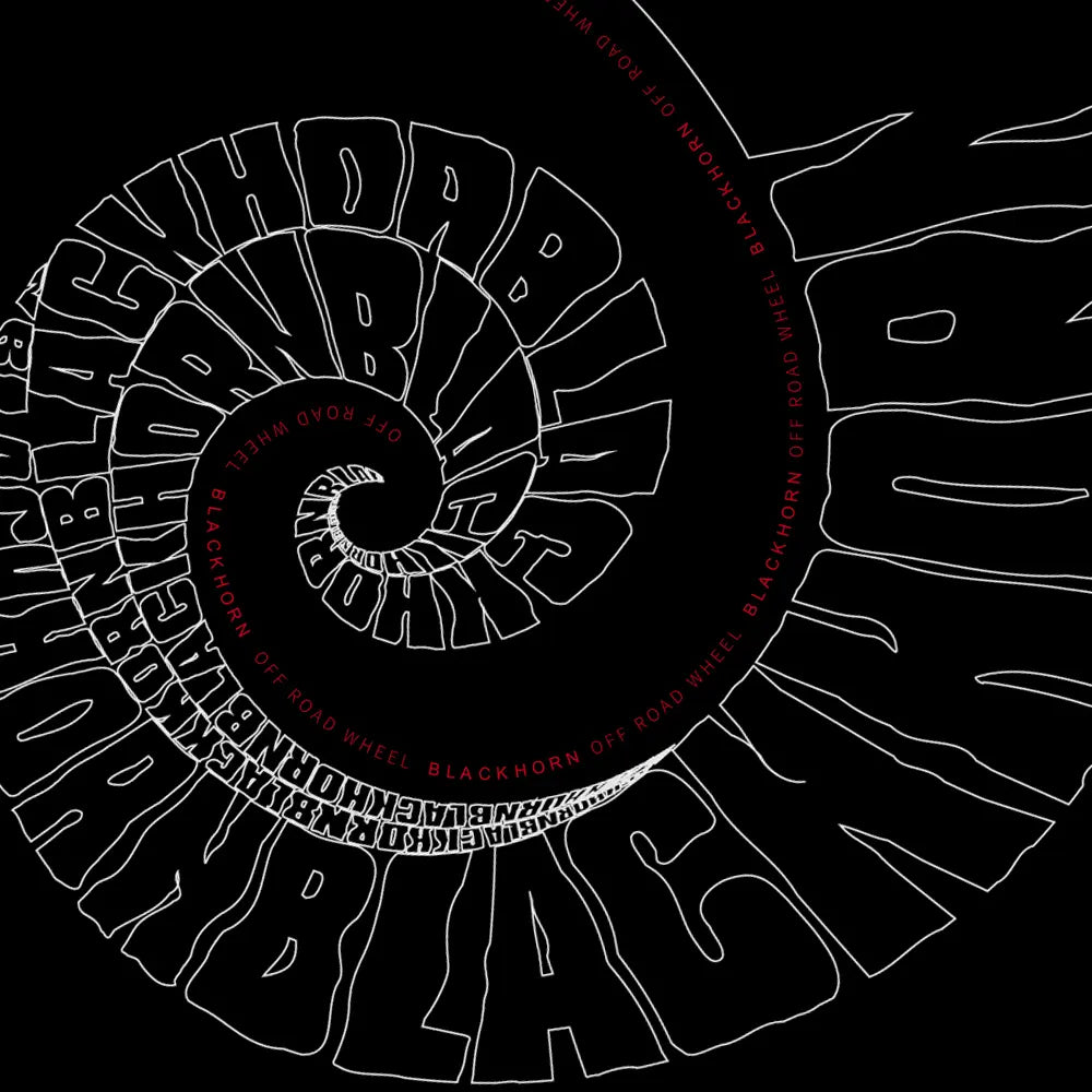 Spiral graphic with “Blackhorn Offroad” lettering on black background, forming a conch-like pattern with bold, gritty typography.