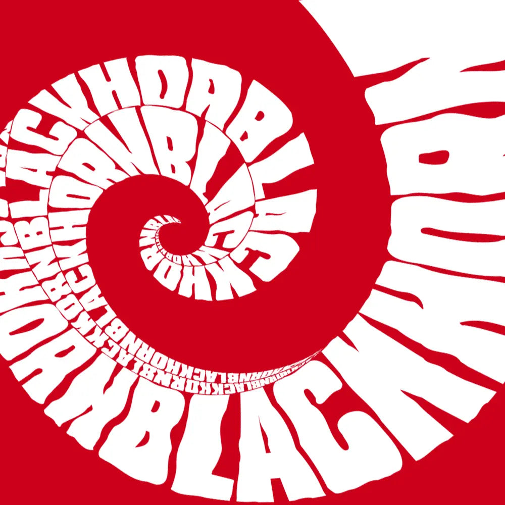 Red and white spiral design featuring warped “Blackhorn Offroad” text, creating an eye-catching, conch-inspired visual.