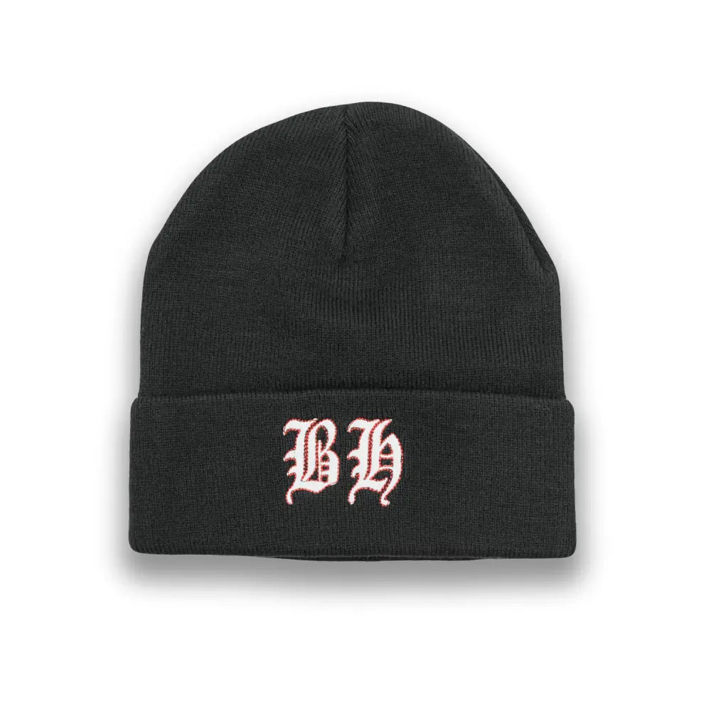 Black knit beanie with Blackletter BH embroidery and red outline on folded cuff by Blackhorn Offroad.