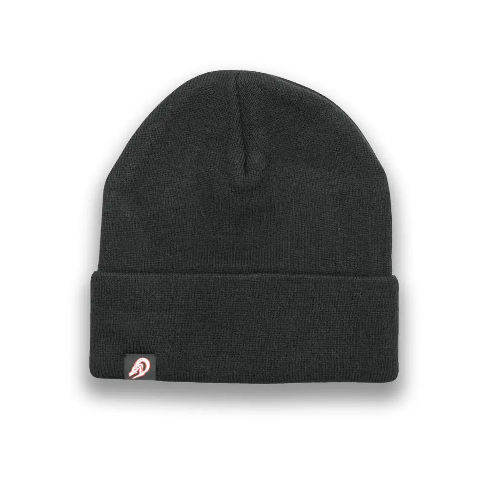 Black knit beanie rear view showing Skull logo tag and clean folded cuff design by Blackhorn Offroad.