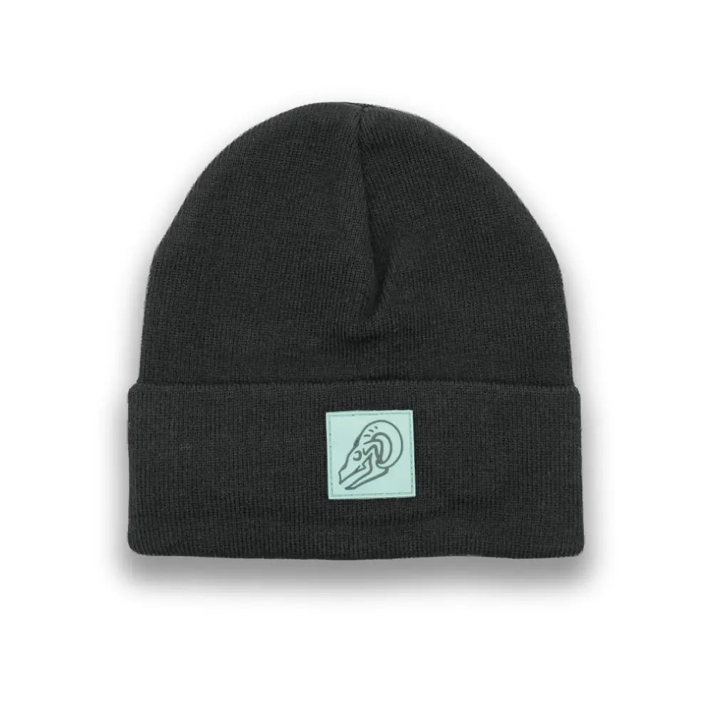 Black knit beanie with Blackhorn Skull Polymark logo patch on folded cuff.
