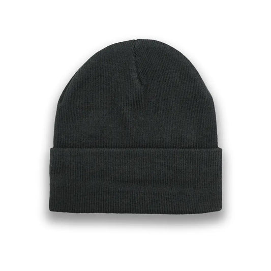 Black knit beanie rear view showing clean folded cuff design by Blackhorn Offroad.