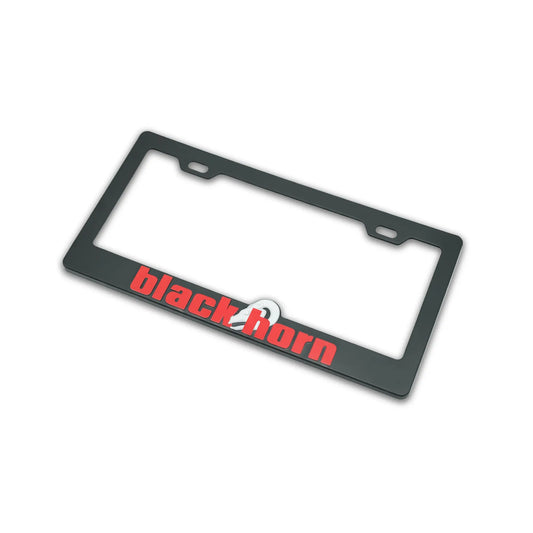 Angled view of Blackhorn Offroad license plate frame showing embossed Blackhorn lettering and Skull logo.
