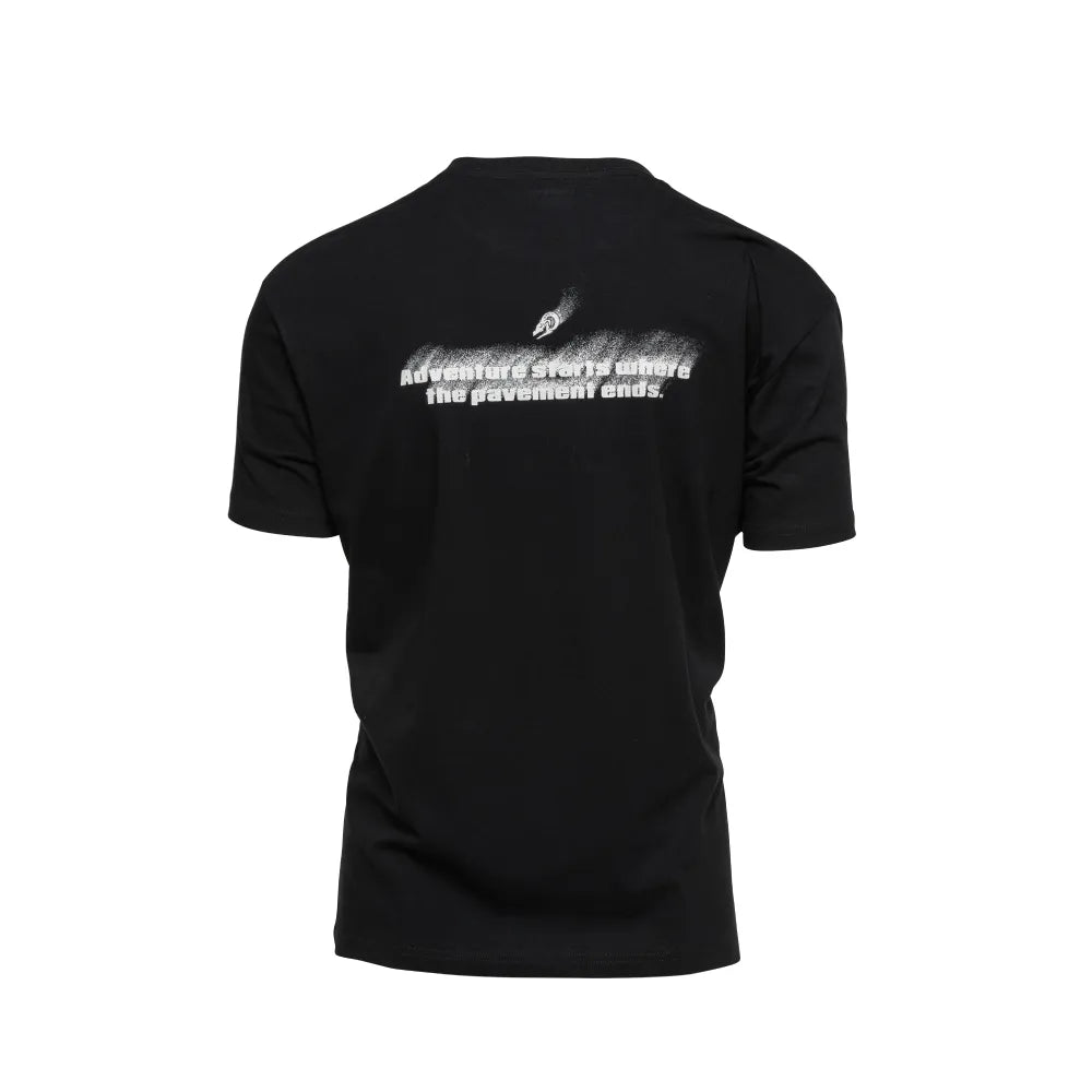 Back of Black Pavement Ends T-Shirt showing full spray-fade graphic and off-road adventure message.