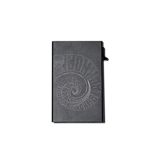 Front view of Aluminum Card Holder with warped spiral “Blackhorn Offroad” engraving on matte black aluminum.