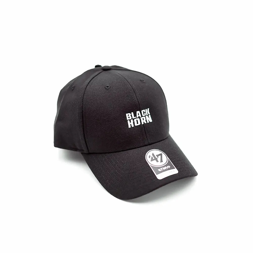 Front angle view of the Blackhorn MVP Hat, featuring stitched “BLACKHORN” lettering on a black '47 Classic cap with a curved brim and structured crown.