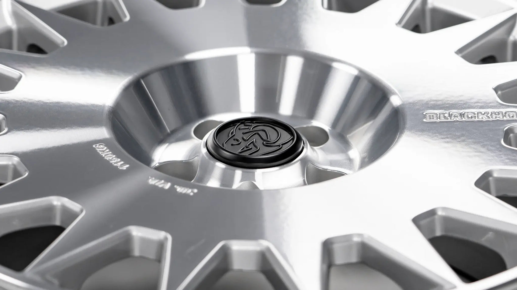 Close-up of the Blackhorn Offroad GR17 wheel in Prism finish, showcasing the sleek turbine design and embossed Blackhorn Skull Mono Cap at the center.