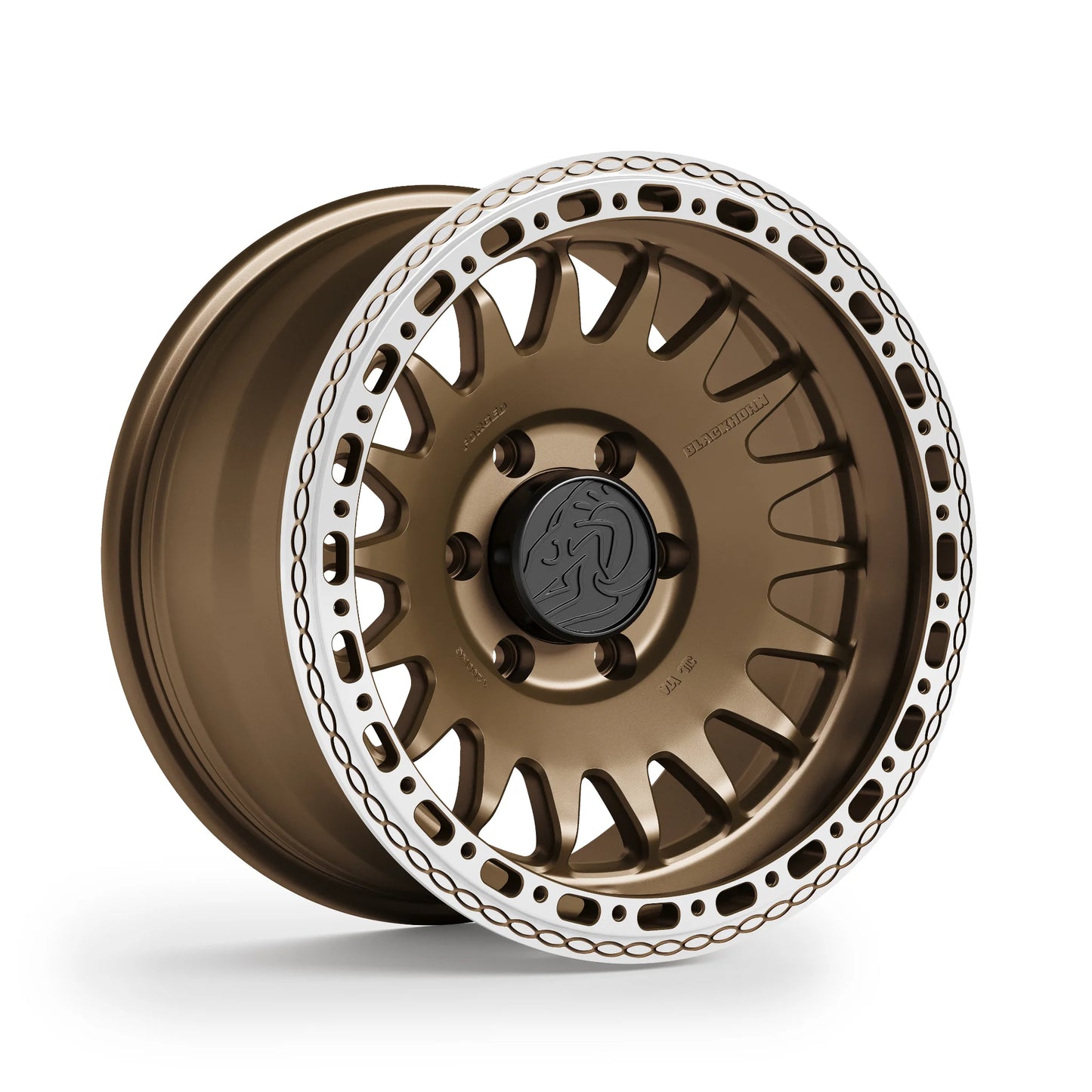 Angled shot Blackhorn Offroad GR17 MBF forged beadlock wheel 17x9.0 Coyote Satin Bronze