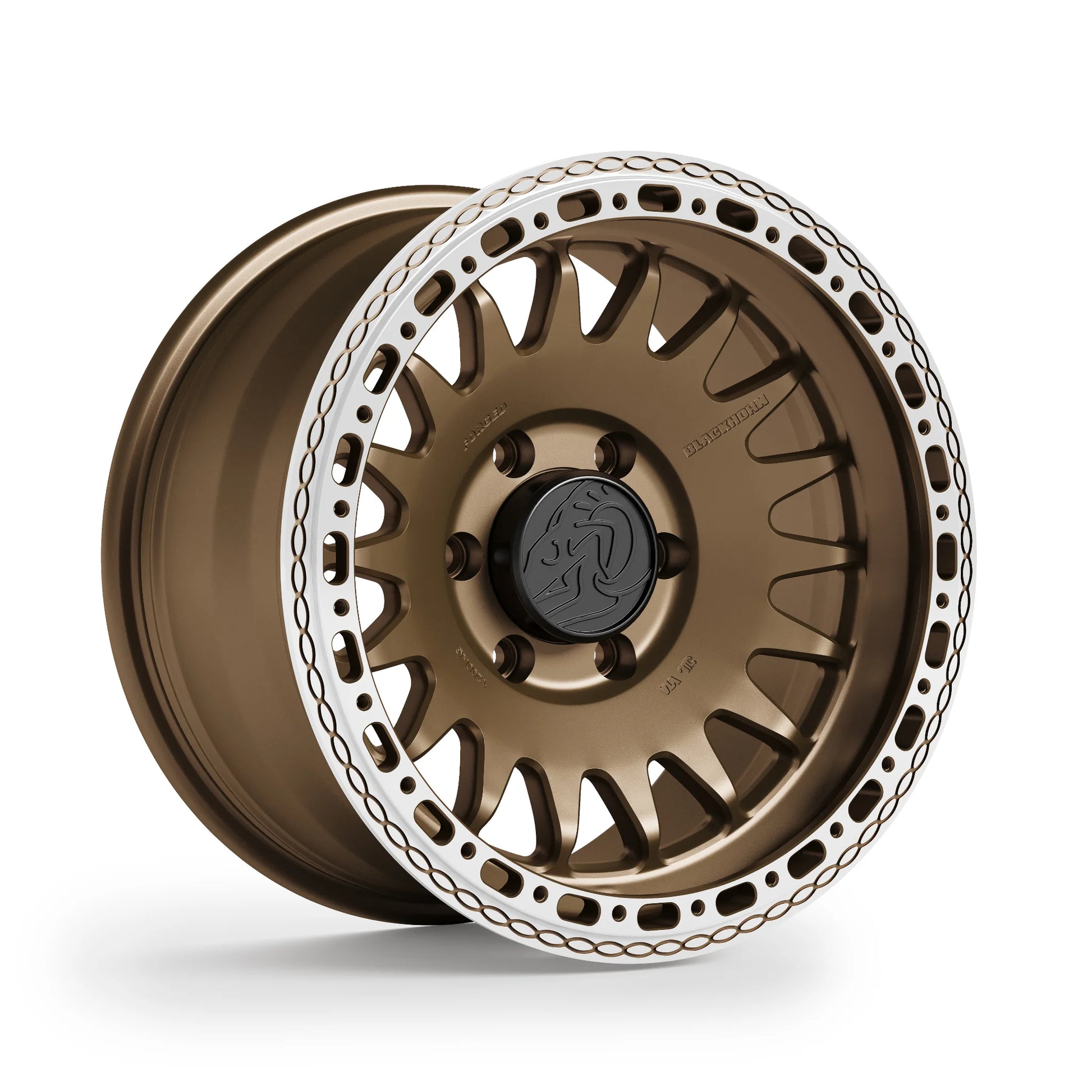 Angled shot Blackhorn Offroad GR17 MBF forged beadlock wheel 17x9.0 Coyote Satin Bronze