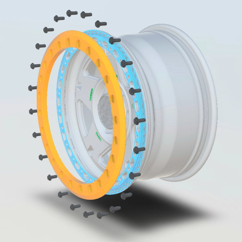 NS5 MBF forged wheel CAD exploded view showcasing the Modular Beadlock system with beadlock ring and mounting bolts