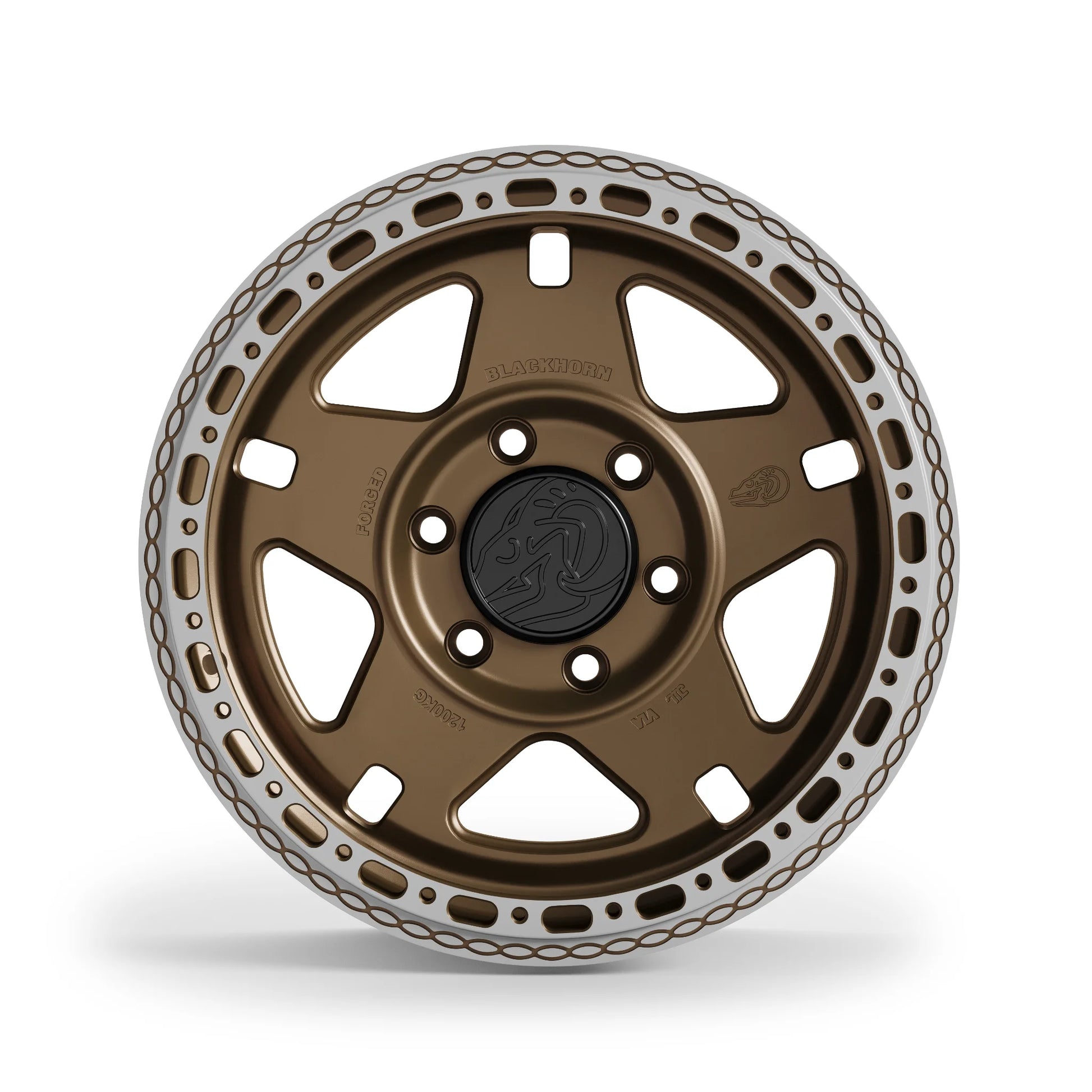 Front view of Blackhorn Offroad NS5 MBF 17x8.0 in Coyote Satin Bronze, forged beadlock wheel for Toyota trucks