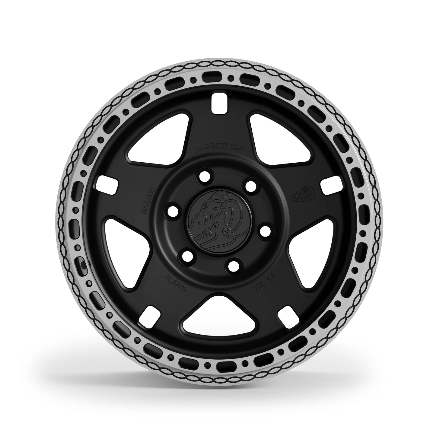 Front view of NS5 MBF 17x8.0 forged beadlock wheel in Obsidian Matt Black by Blackhorn Offroad for Tacoma and 4Runner