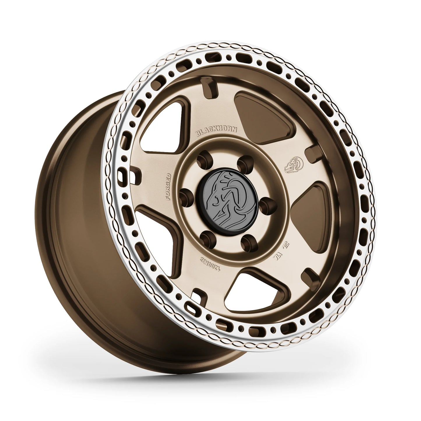 Angled hero image of NS5 MBF 17x8.0 forged beadlock wheel in Coyote Satin Bronze by Blackhorn Offroad