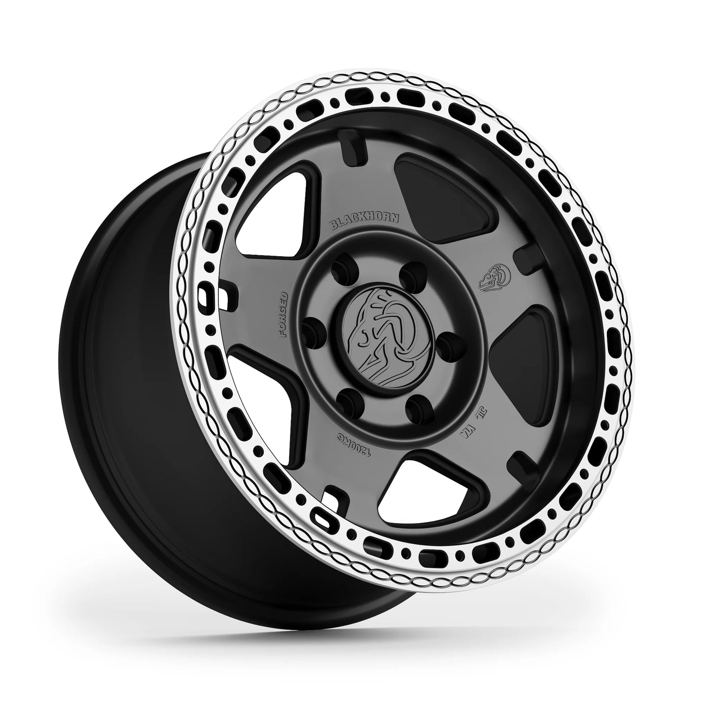 Blackhorn Offroad NS5 MBF 17x8.0 forged off road beadlock wheel in Obsidian Matt Black captured in hero perspective