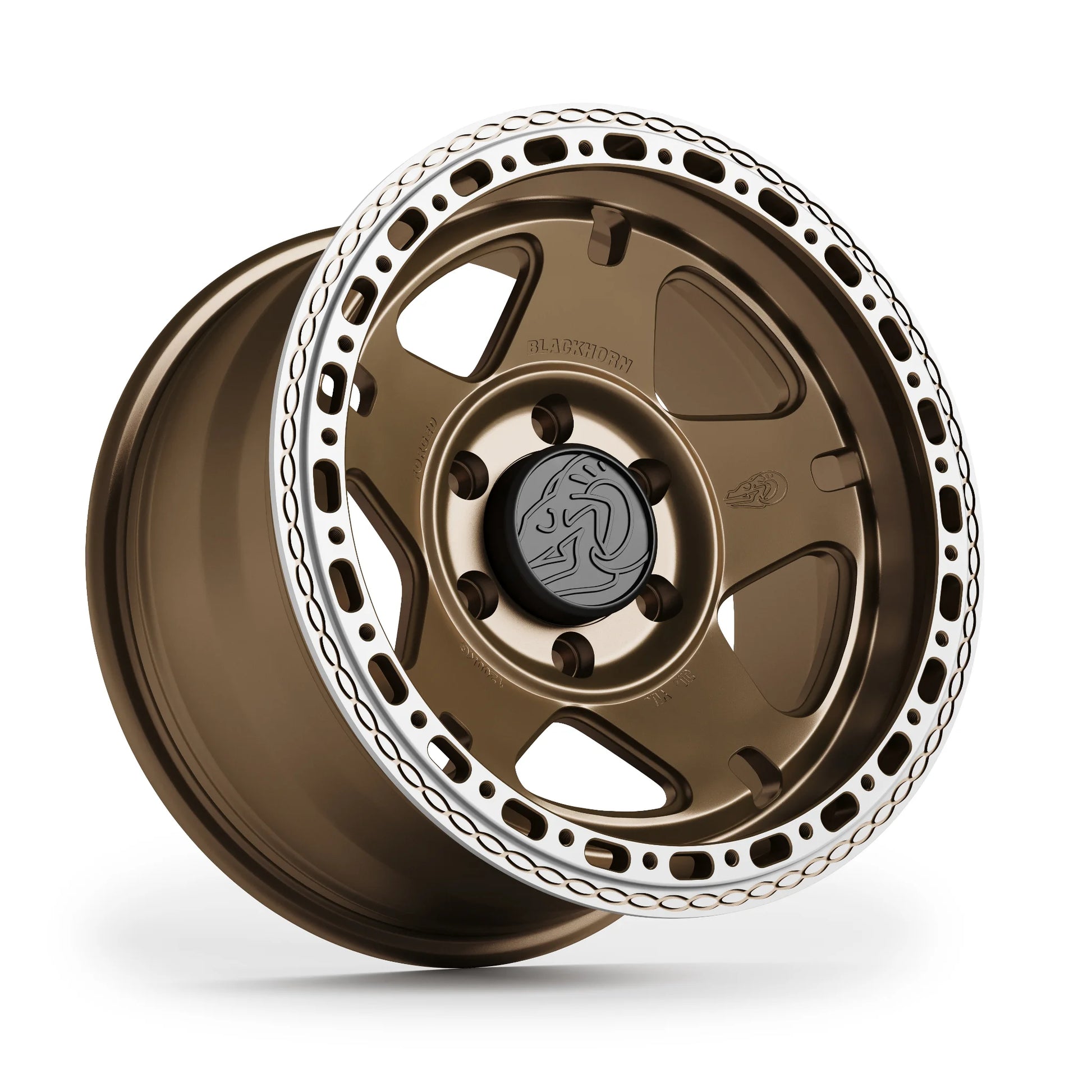 Hero angle of Blackhorn Offroad NS5 MBF 17x9.0 forged off road beadlock wheel finished in Coyote Satin Bronze