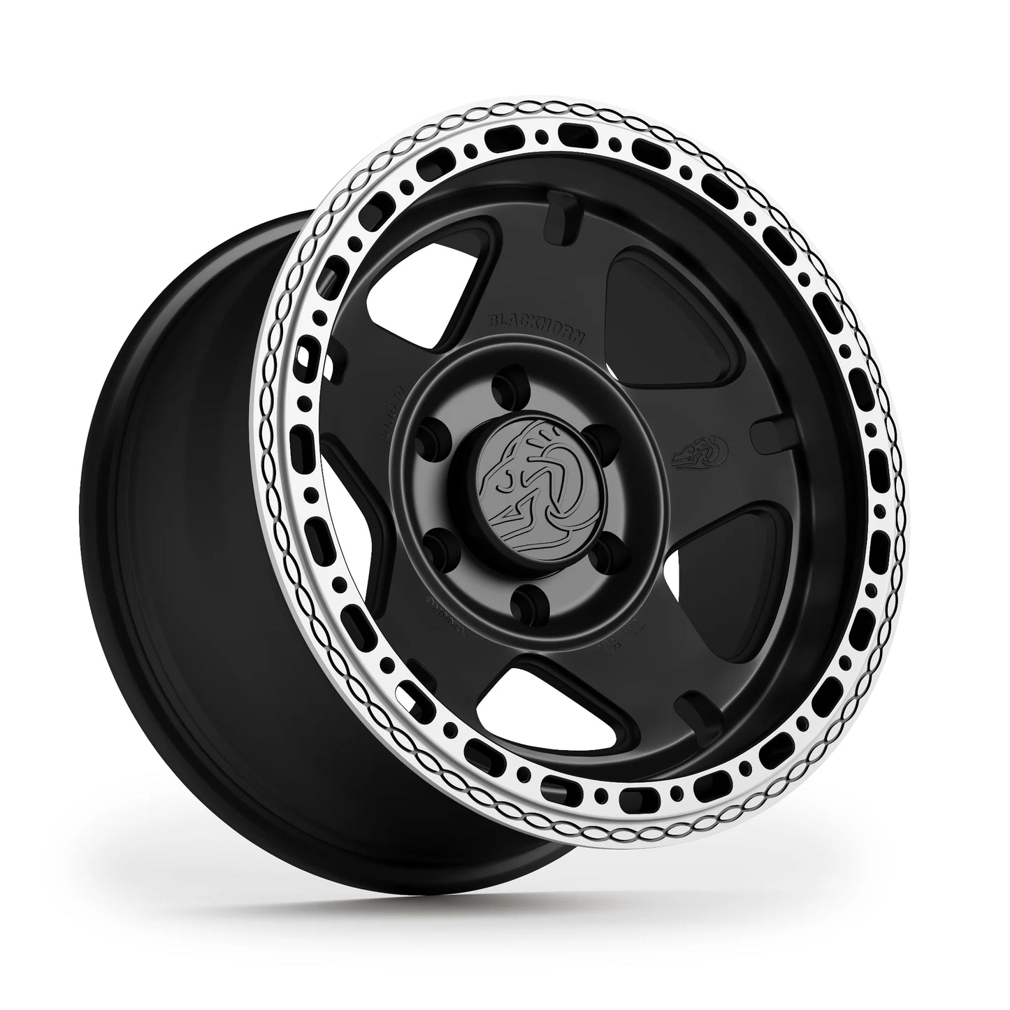 Blackhorn Offroad NS5 MBF 17x9.0 forged off road beadlock wheel finished in Obsidian Matt Black shown in hero angle