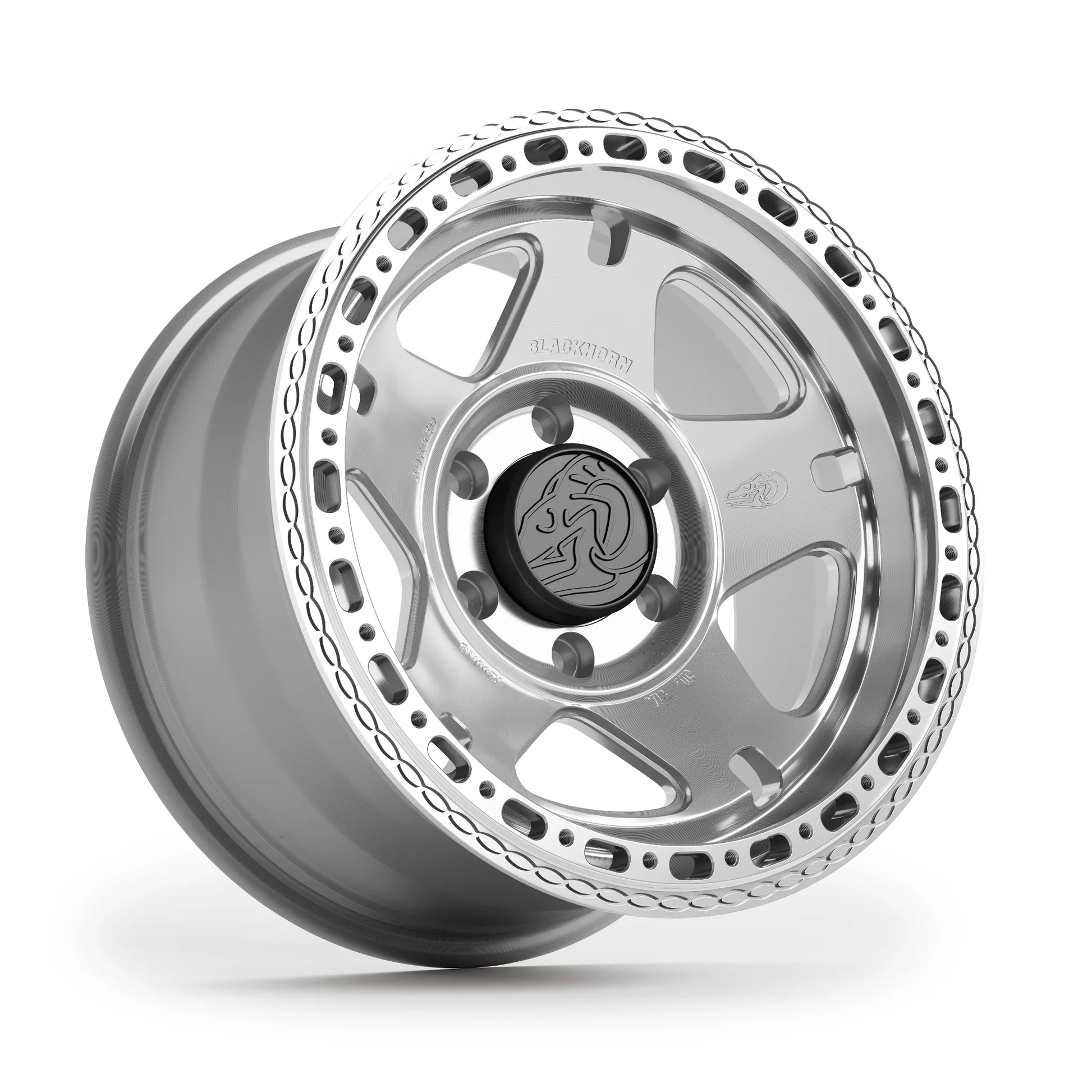 Angled studio shot of Blackhorn Offroad NS5 MBF 17x9.0 forged off road beadlock wheel in Prism Machined Clear