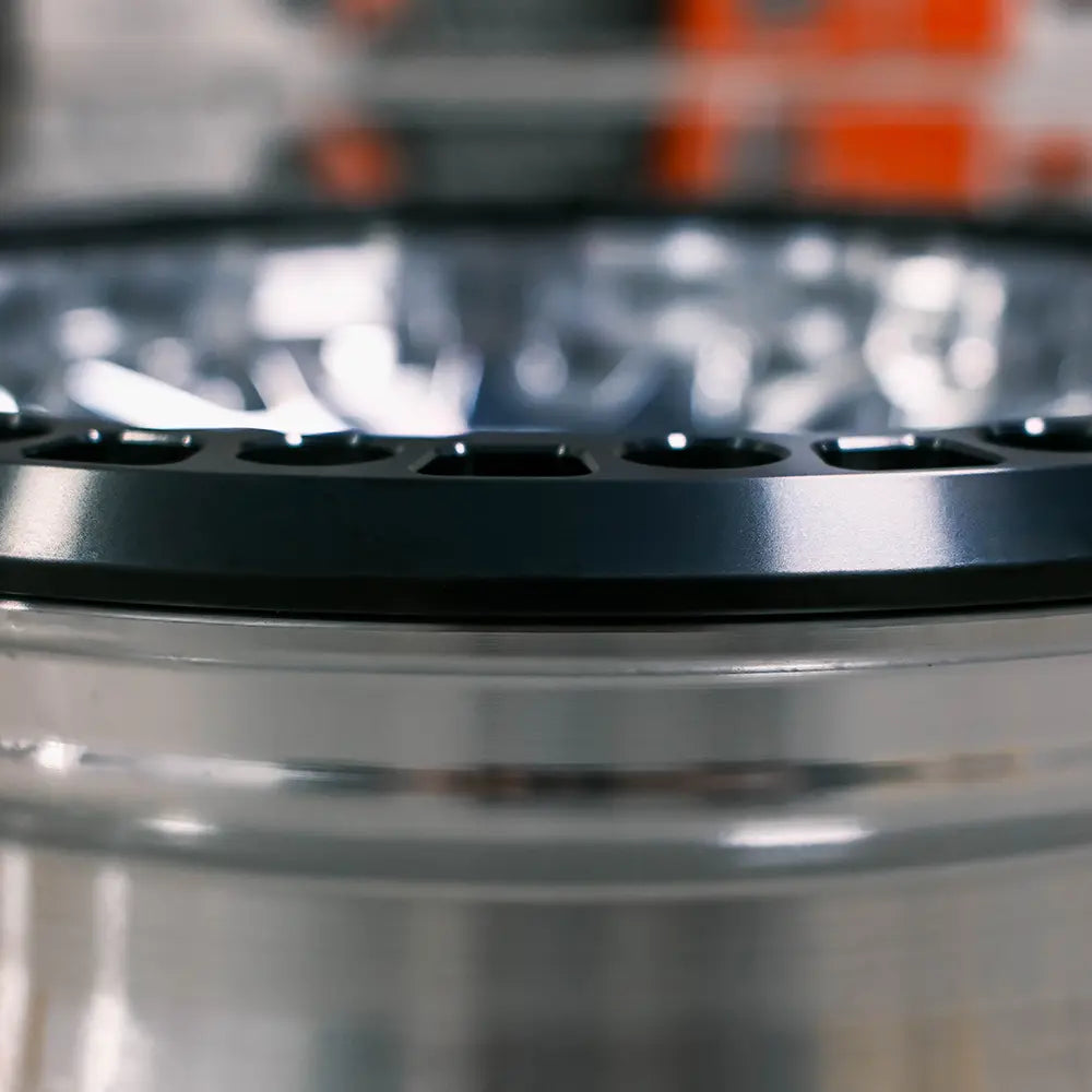 Close-up of protection ring installed flush on MBF wheel bead seat, showing seamless fit and clean edge without tire installed