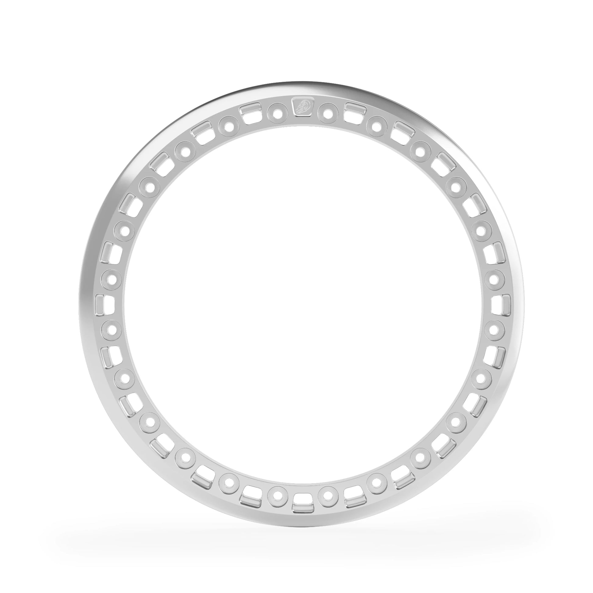 Front view anodized beadlock ring with cut-out windows and Blackhorn Skull detail, 24-hole layout.