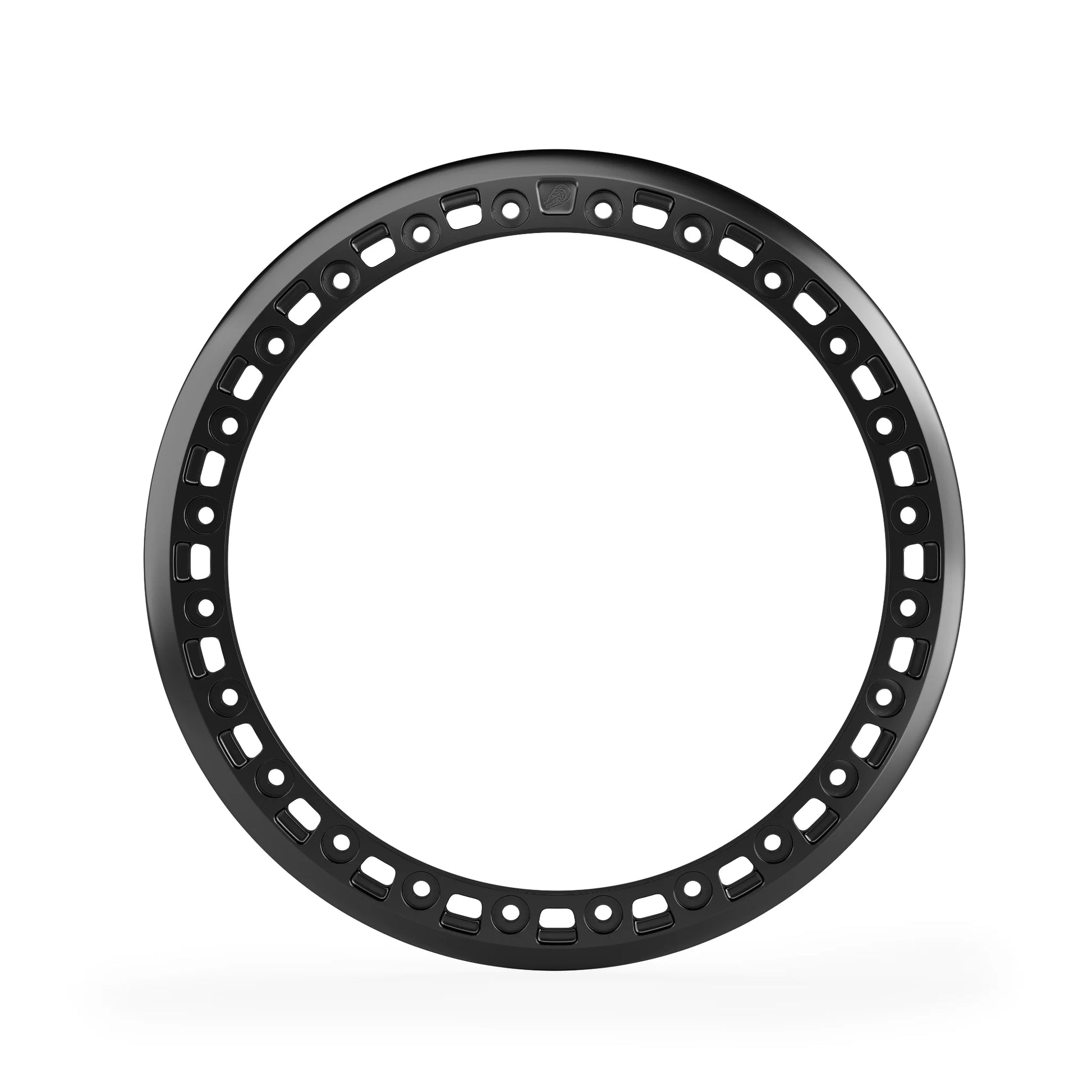 Front view black anodized beadlock ring with cut-out design and Skull signature, 24-hole pattern.