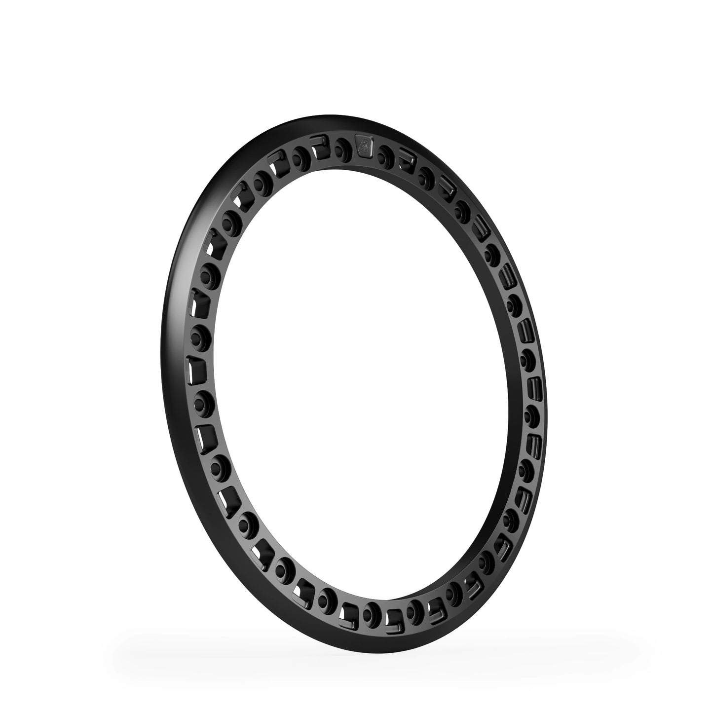Window cut-out beadlock ring in black anodized finish, forged 6061-T6 aluminum with 24-hole pattern.