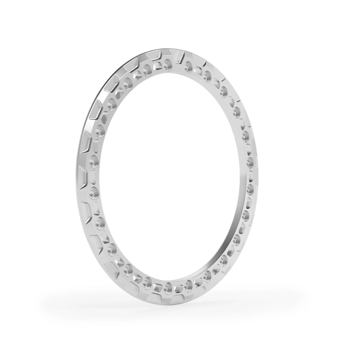 Corner angle anodized beadlock ring highlighting trapezoid relief, CNC machining, and recessed bolt pockets.