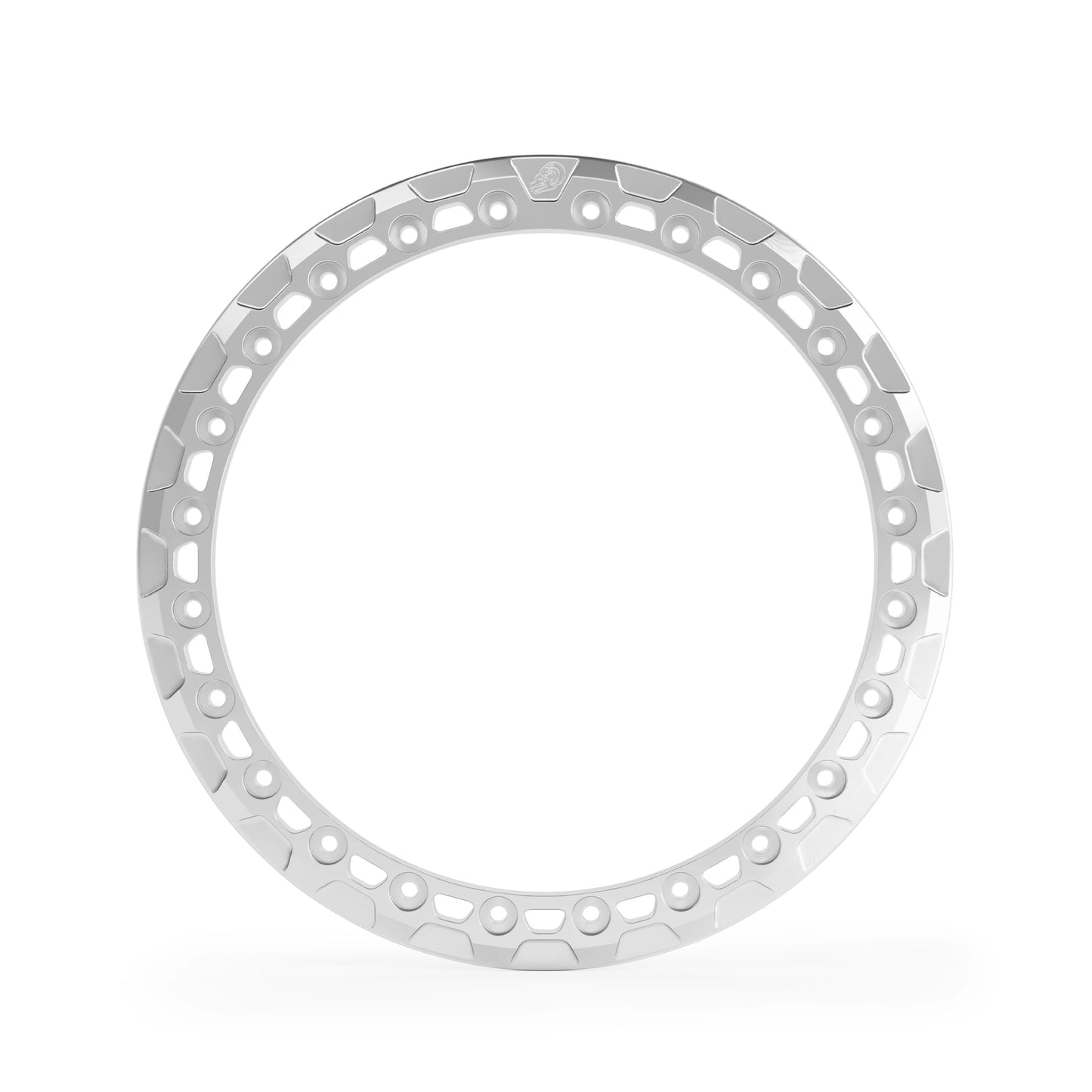 Front view anodized beadlock ring showing window cut-outs, trapezoid relief edges, and 24-hole layout.