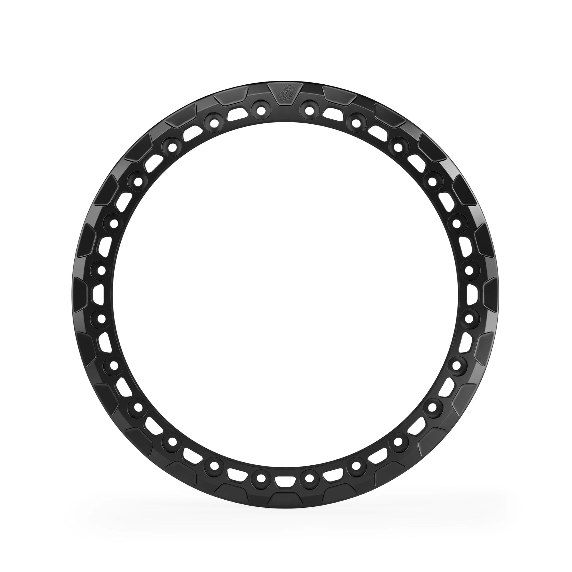 Front view black anodized beadlock ring with window cut-outs, trapezoid relief detail, and 24-hole pattern.